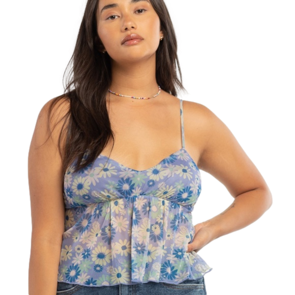NWT RSQ Blue Daisy Mesh Spaghetti Strap Peplum Cami
